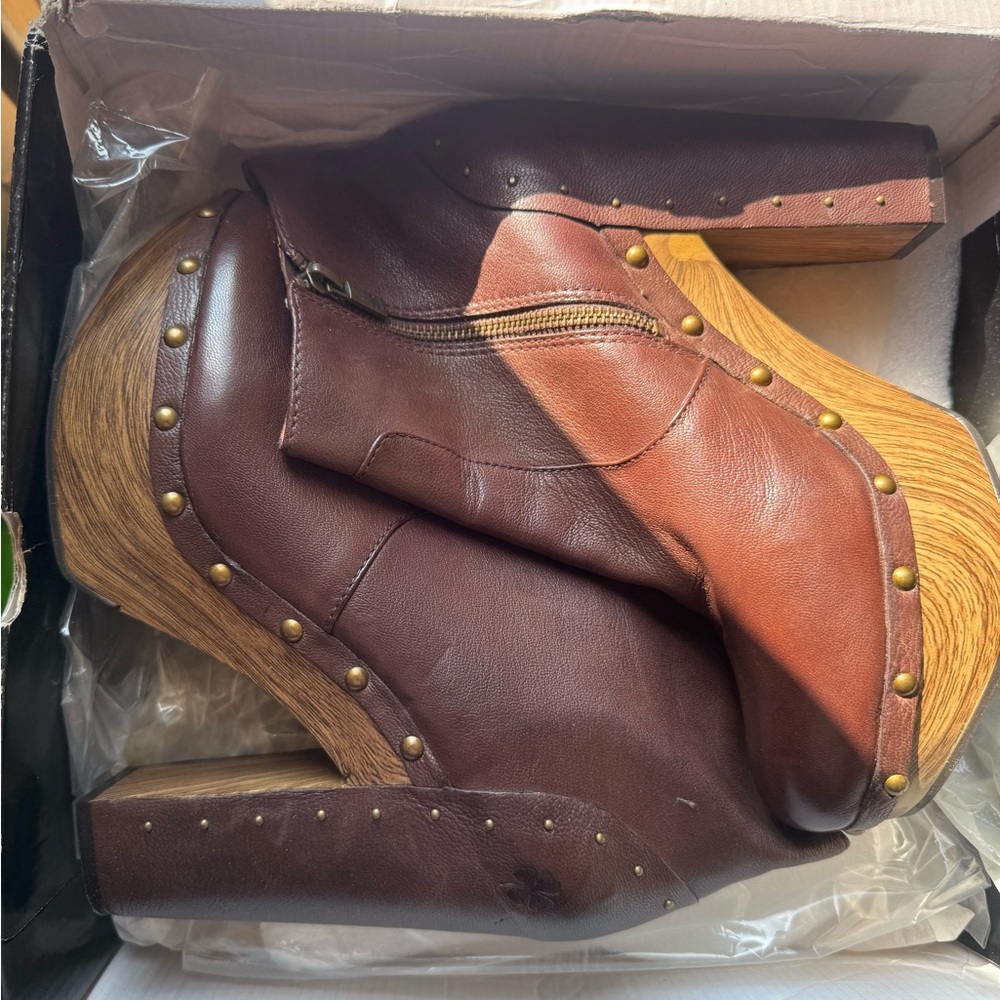 Lucky Brand Dark Brown Leather Mules with Wooden Platform